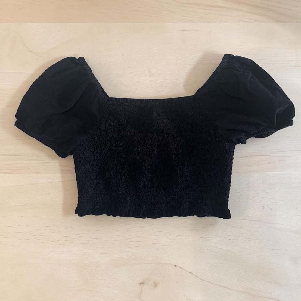 American Eagle Y2K Navy Velvet Smocked Puff Sleeve Crop Top M